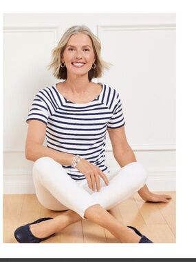 NWT Talbots Effortless Jersey Stripe Bateau Neck Tee, India Ink Navy/White